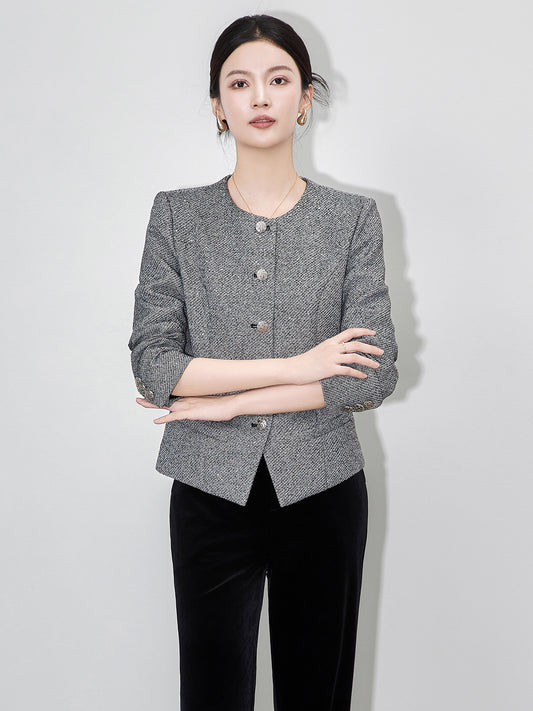 Retro Beadwork Waist-Cinching Round Neck Commute Jacket New Spring Outerwear Elegant Grey Black Long Sleeve Ladies Style