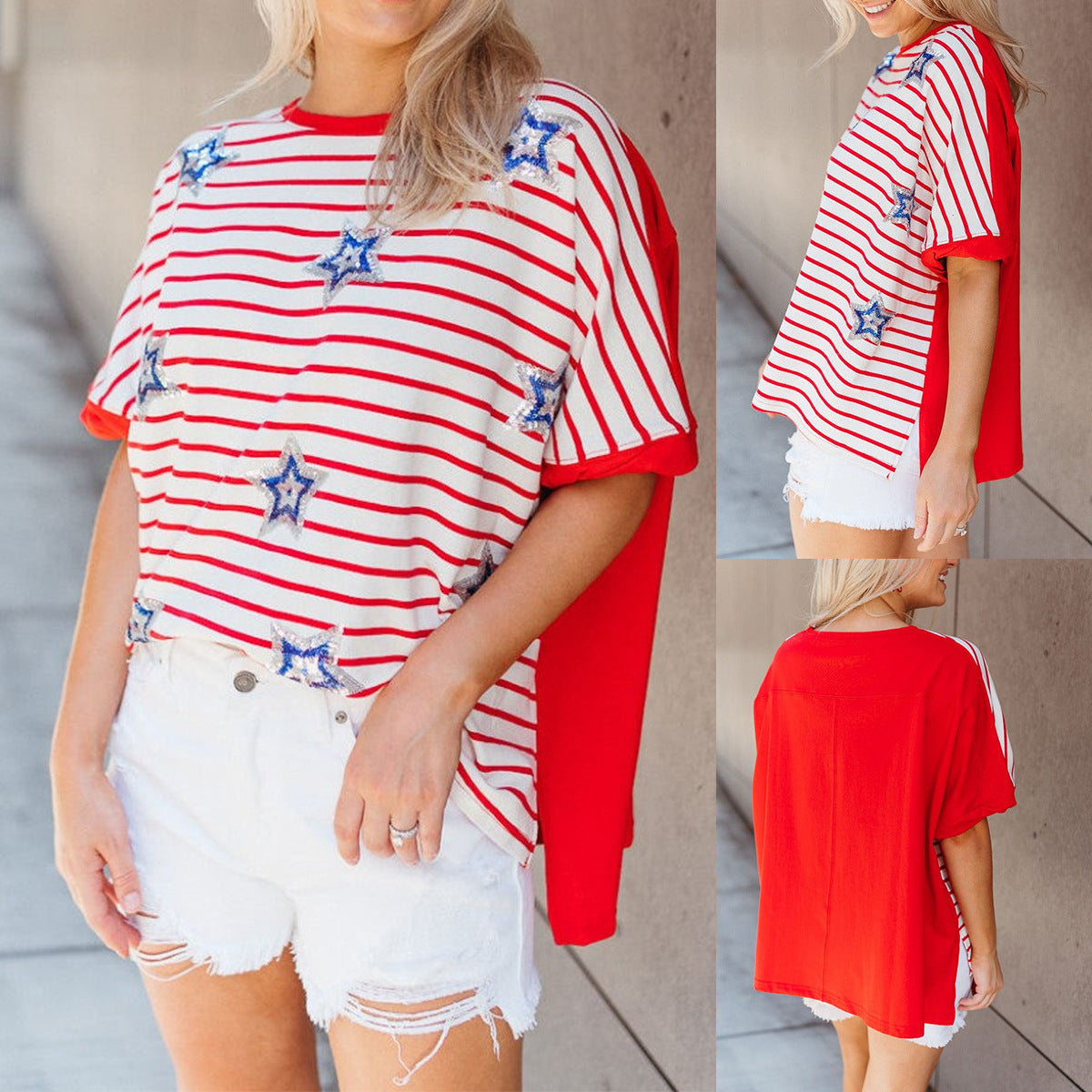 Women s American Flag Print Shirt Fouth of July T-Shirts Summer Casual Loose Patriotic Tee Basic Tops