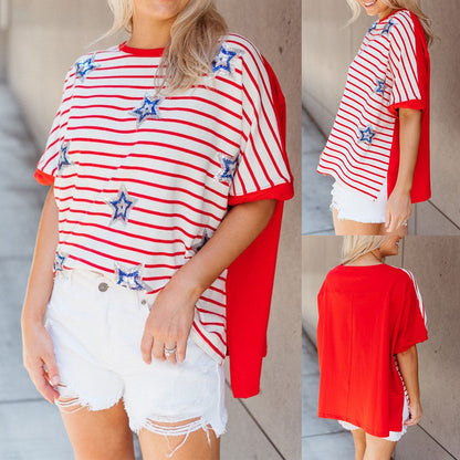 Women s American Flag Print Shirt Fouth of July T-Shirts Summer Casual Loose Patriotic Tee Basic Tops