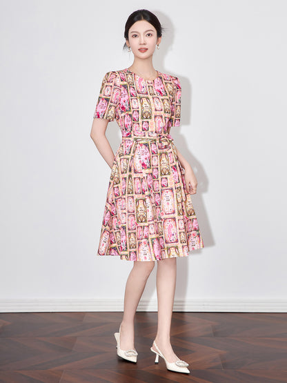 Elegant Korean Style Silk Dress Floral Print Mini Dress Empire Waist Short Sleeve High End Fashionable Long Silk Gown