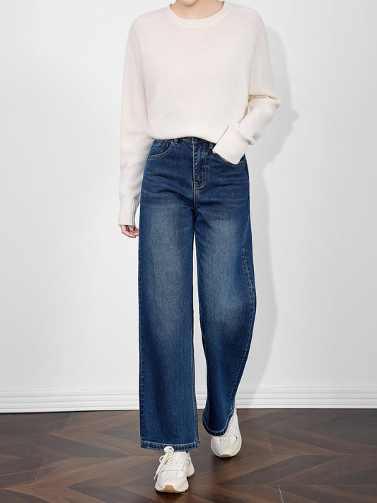 Chic Autumnal Vintage Wide Leg Jeans Women's Loose Fit High Waist Long Pants Ba Decorative Belt Button Versatile Denim Trou...