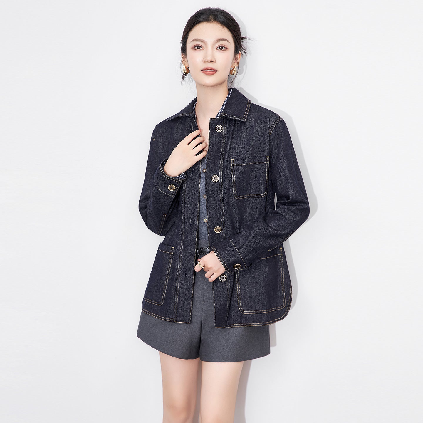 Autumn Black Denim Fabric Single breasted Women's Clothing Jacket Thin Shirt Casual Versatile