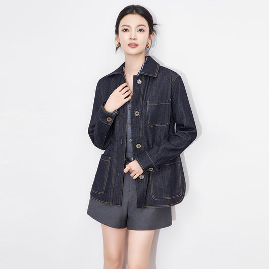 Autumn Black Denim Fabric Single breasted Women's Clothing Jacket Thin Shirt Casual Versatile