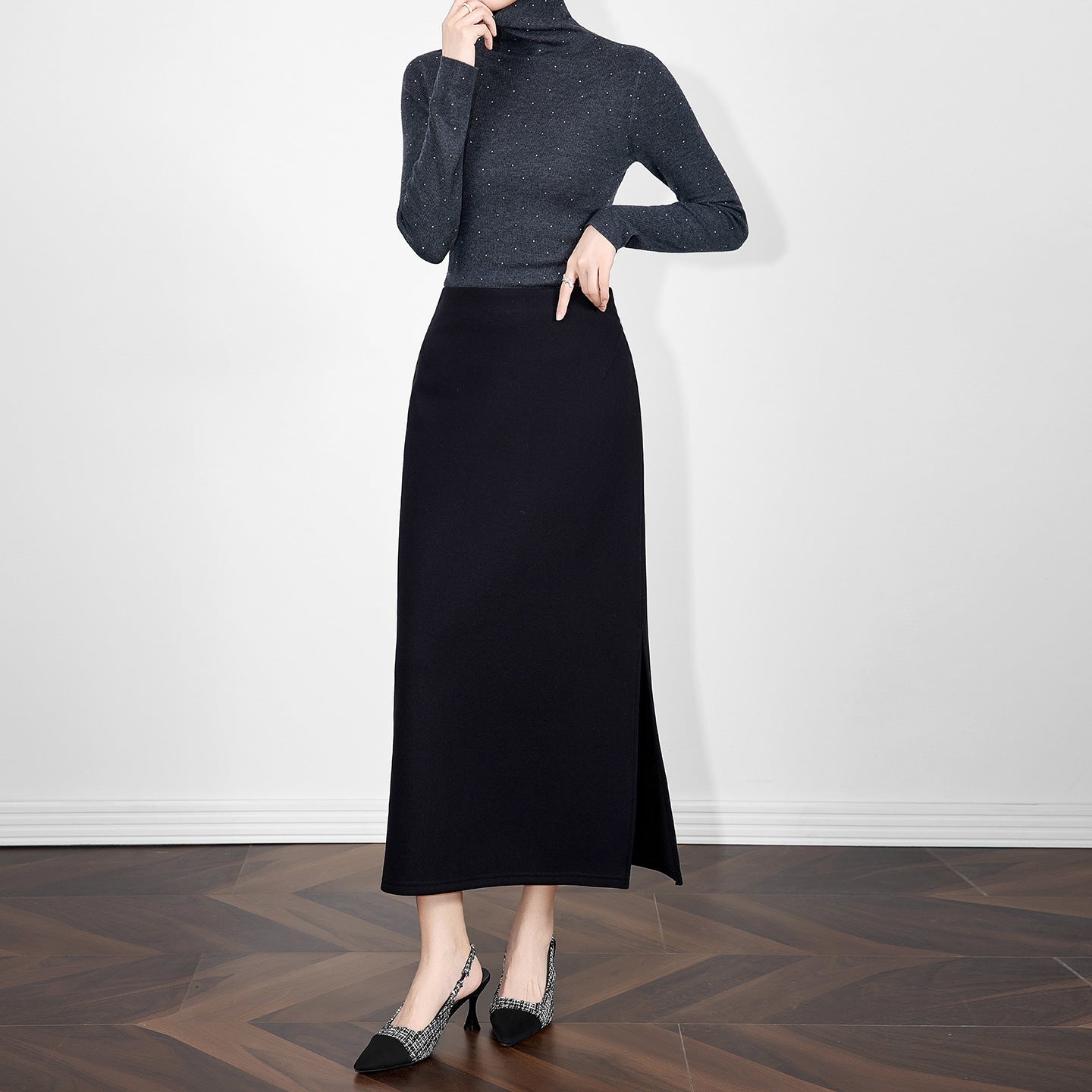 Khaki Woolen High-waisted A- Line Skirt Women's Autumn/winter Slimming Bodycon Skirt Side Slit Sweater Match