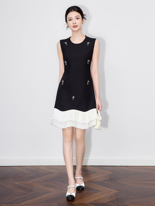 French Embroidered Bow Sleeveless Dress for Women's Summer O-neck Slimming A-line Short Dress Fashion Female Clothes
