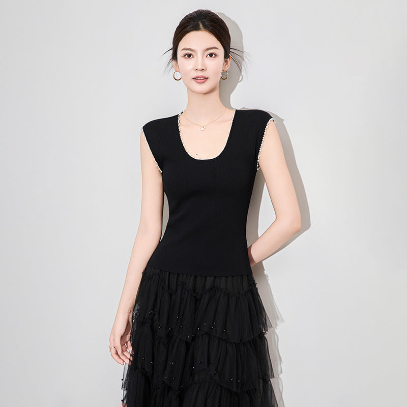 Outerwears Beading O-Neck Knitted Women Sweater Vest New Sleeveless Black Knit Sweater Vest Women Tops Sueters De Mujer