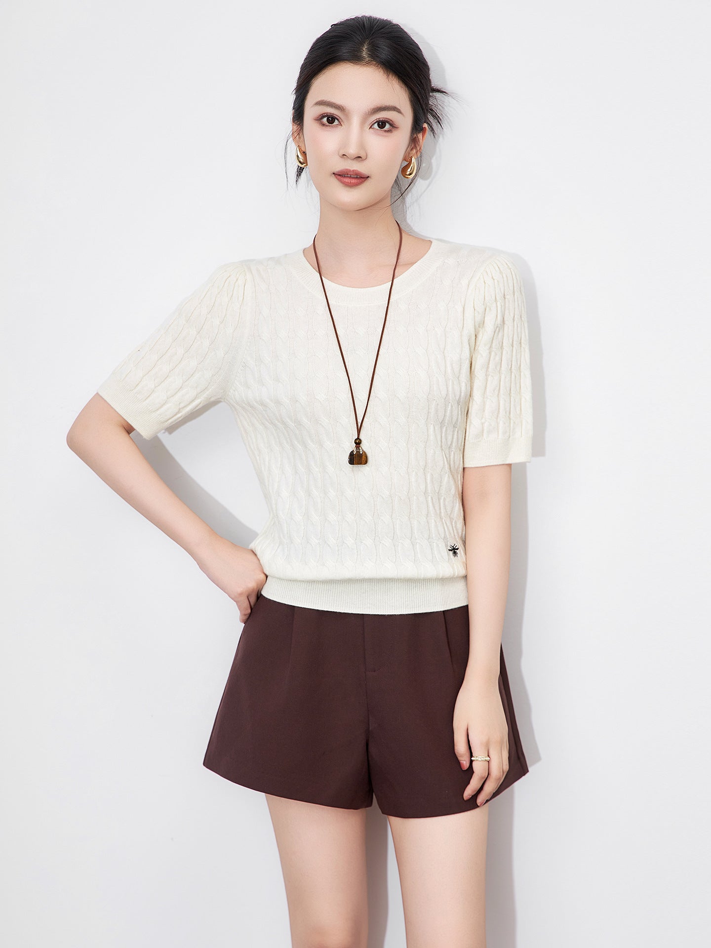 Soft Cashmere Women's Round Neck Solid Color Half Sleeve Autumn Winter New Knitted Twist Mid Sleeve Cashmere Sweater Base Layer