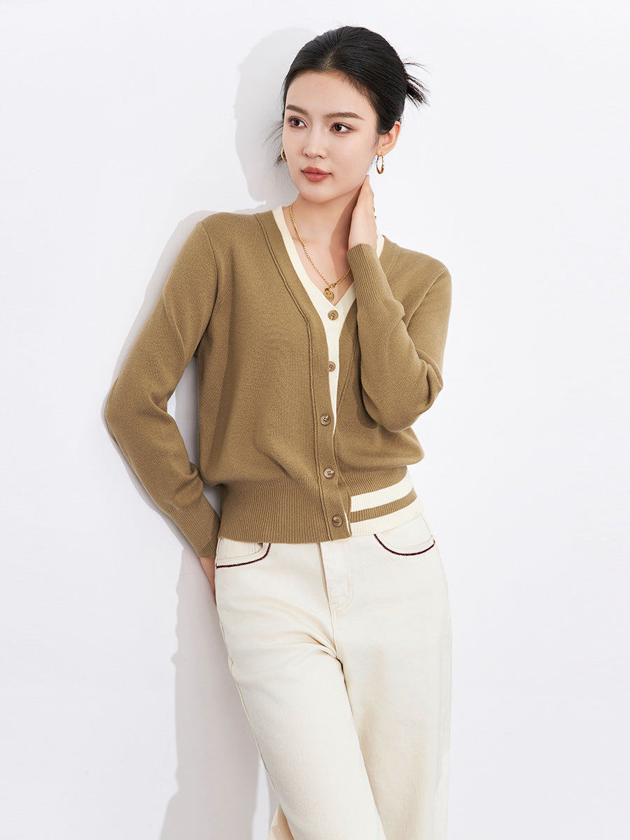 Color Block V-Neck Knitted Open Cardigan Fashionable Versatile Women's Single Piece Long Sleeve Basic Fit Style Elegant Commute