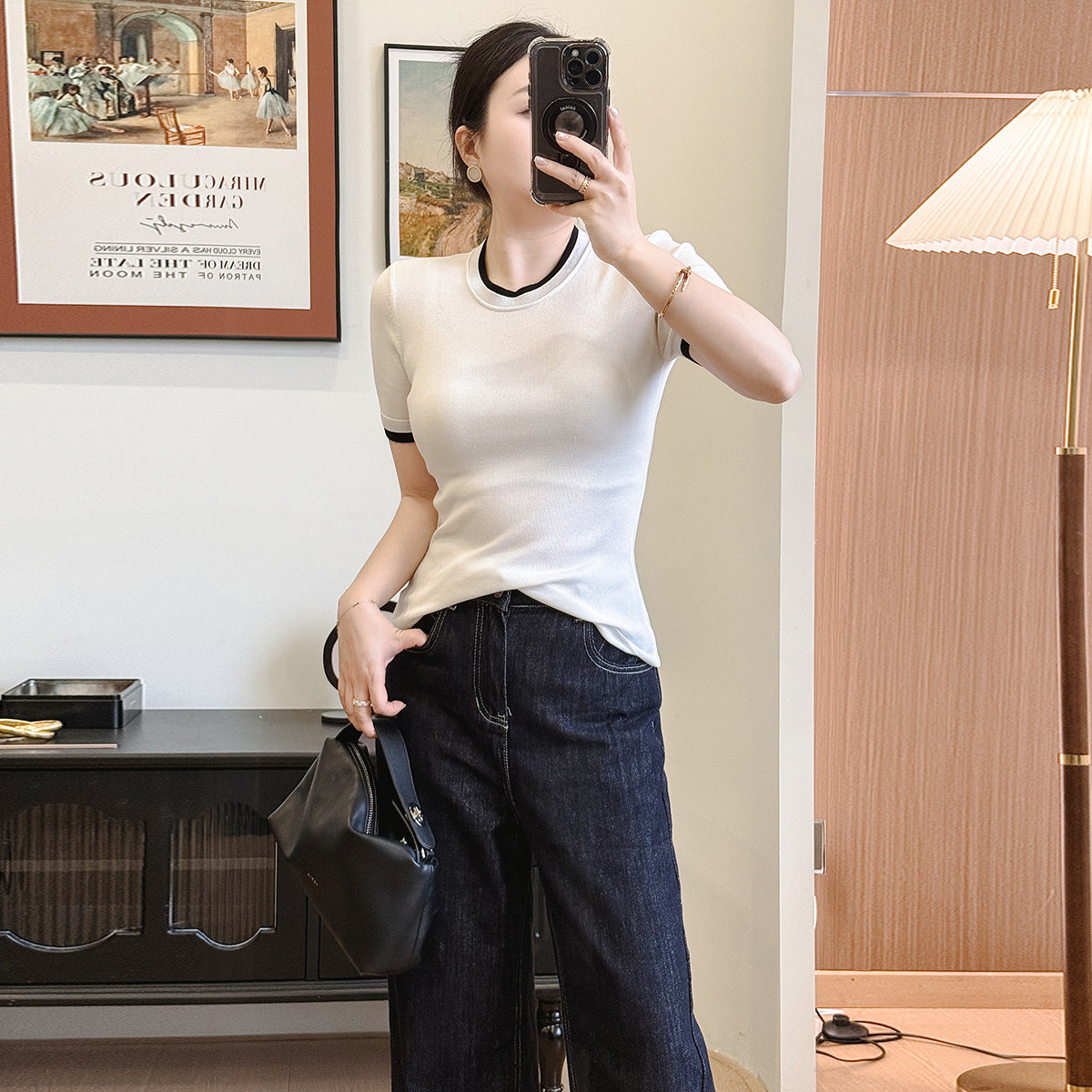 New Sle Women's Slim Fit Ort Sve T-irt Square Collar Tead Design Faionable Spring Summer Top Casual Wear