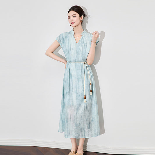 Women's Linen V-Neck Dress, Fashion Casual Simple Style Long Dress