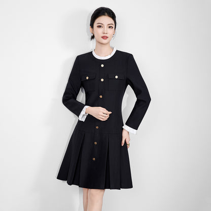 French Style Elegant Temperament Commuter Round Neck Long Sleeve Single-Breasted High Waist Slim A-line Pleated Dress for Women