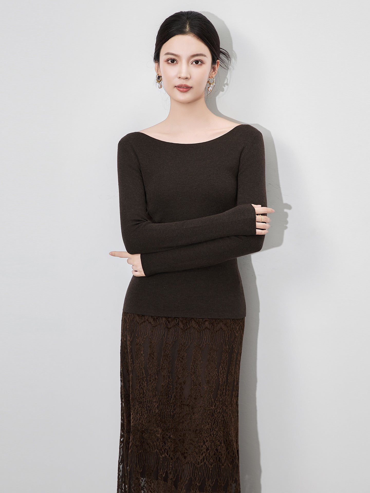 French Style One-Shoulder Woolen Knitted Sweater Women's Slim Fit Base Layer Trendy Inner Wear Shirt Full Sleeve Solid Color