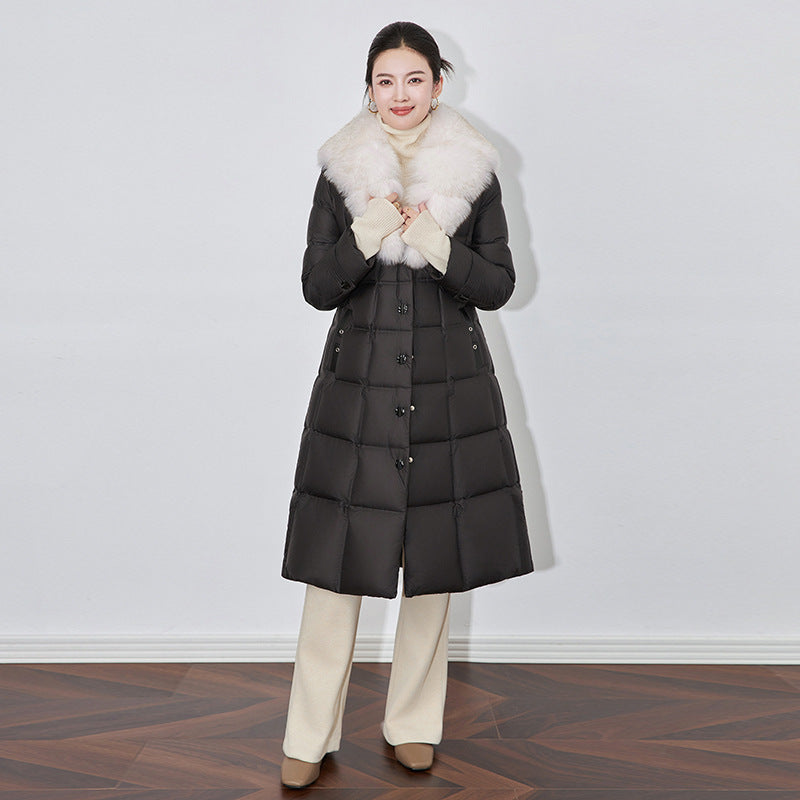 New Women's Down Jacket Fox Fur Collar Long Over-Knee Warm Hooded White Duck Down Coat Female Outerwear