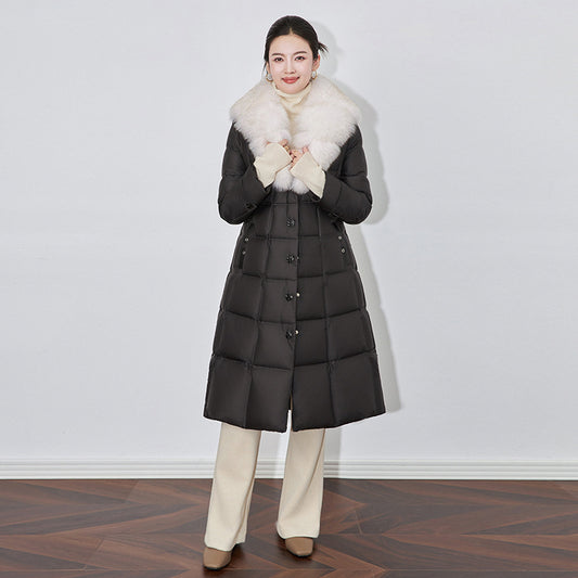 New Women's Down Jacket Fox Fur Collar Long Over-Knee Warm Hooded White Duck Down Coat Female Outerwear