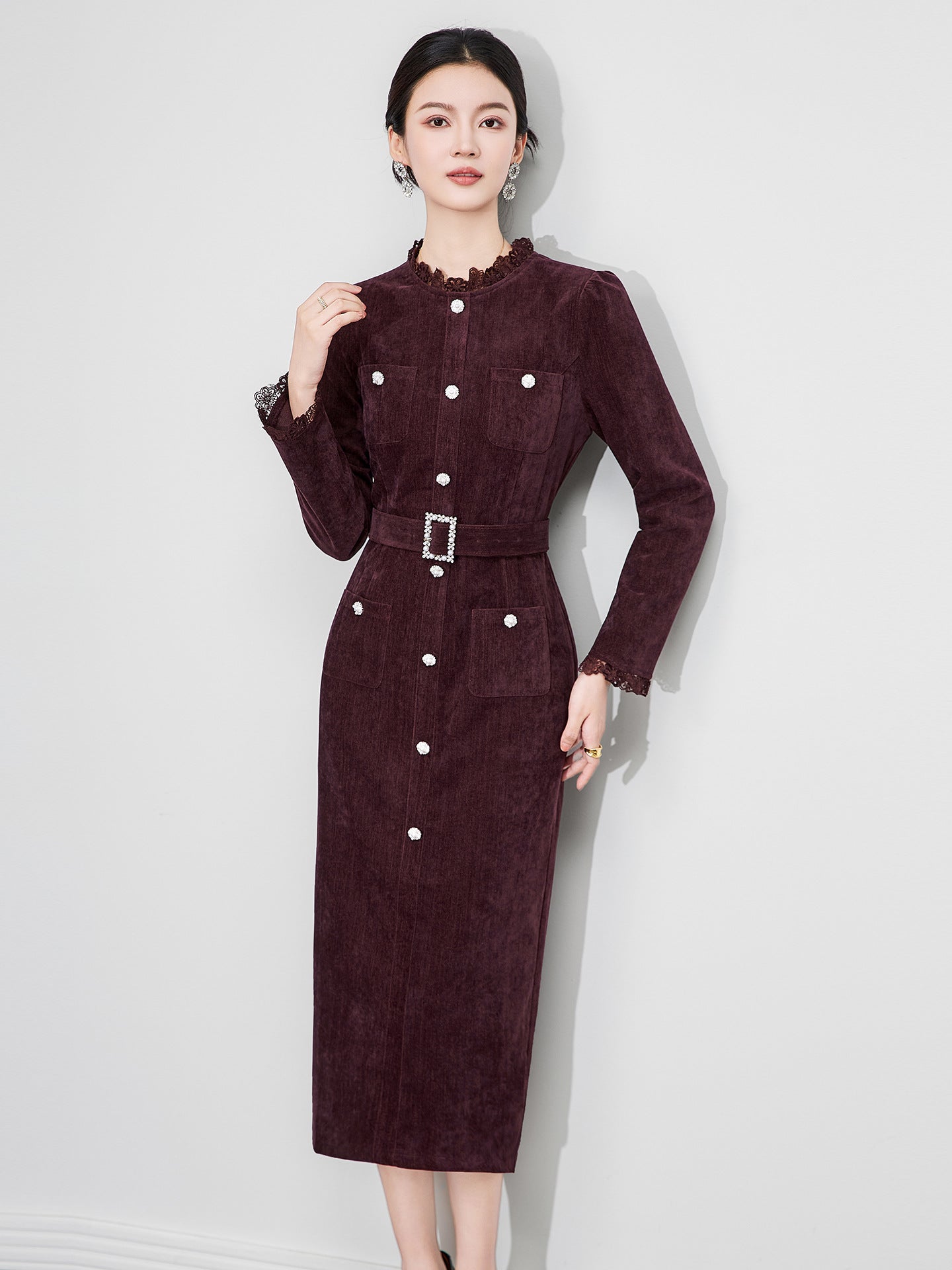 Spring Golden Button Dress Women Long Sleeve Single Breasted Dress Women Clothing Business Elegant Office Ladies Vestidos