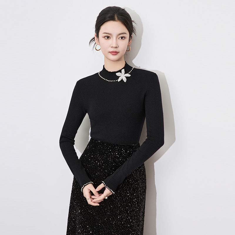 Slim Fit Embroidered Butterfly Knot Base Layer Top Women's Spring New Style Long Sleeve Crew Neck T-Shirt Cotton Basic Style
