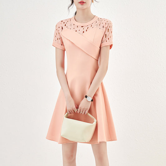 Fashionable French Style Little Black Dress Lace Short Sleeve Round Neck Diamond Studded Midi Dress Elegant Ladylike Youthful