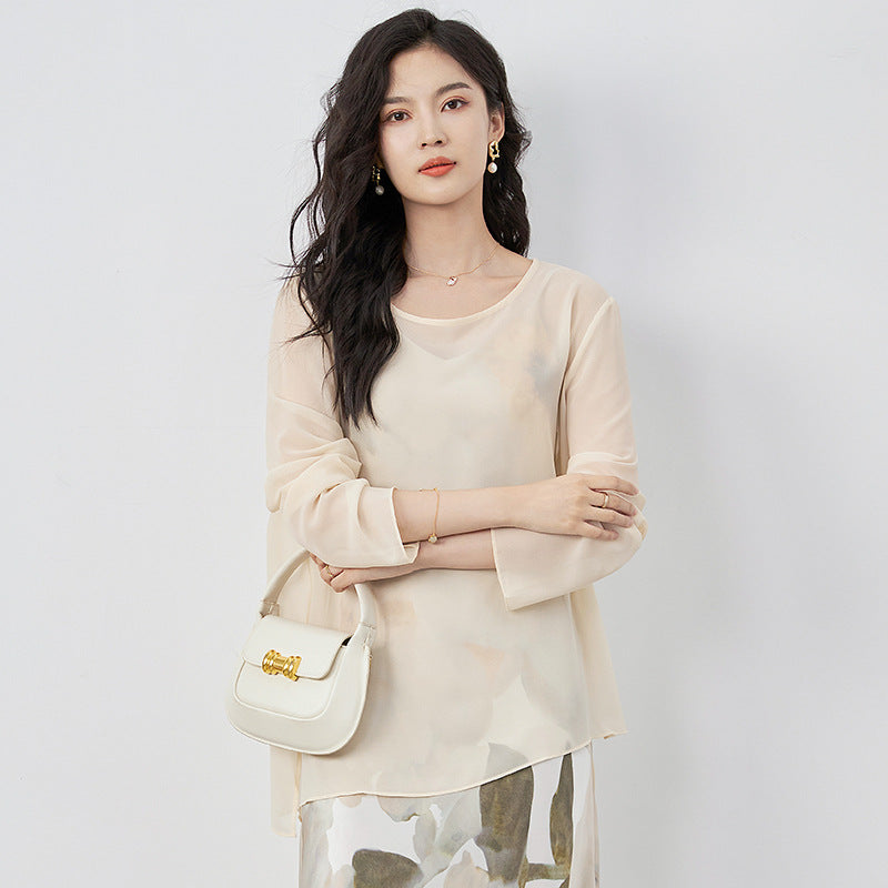 Silk Long Sleeve Round Neck T-Shirt Women's Micro Translucent Sexy Large Flower Cutout Spring 2025 Artistic Retro Style