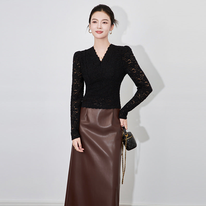Elegant V-Neck Long Sleeve Lace Top Slimming Base Layer Shirt Winter New Arrival Women's Fashionable Style Base Shirt
