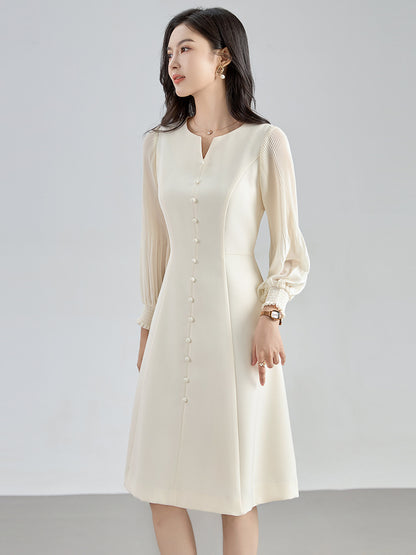 Autumn Satin Long Dr High Waist Lantern Sve Slimming Design Sense V-Ne A-Line Skirt Single Button Closure Commute