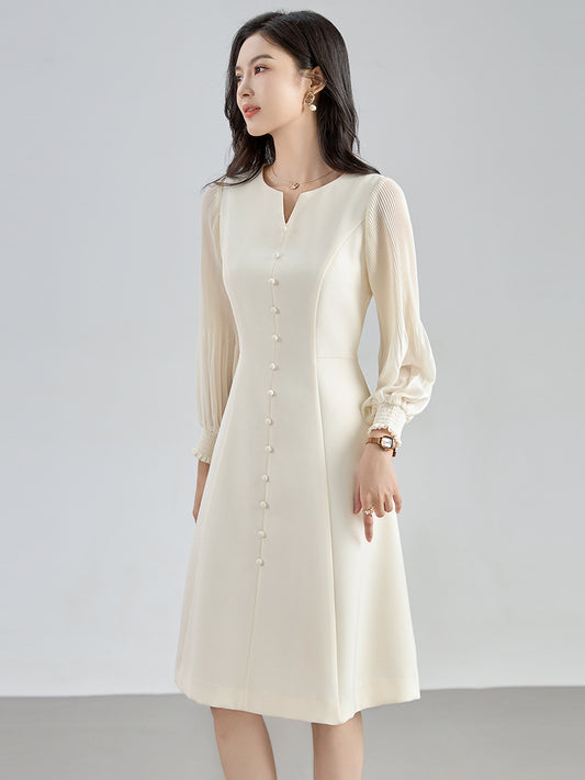 Autumn Satin Long Dr High Waist Lantern Sve Slimming Design Sense V-Ne A-Line Skirt Single Button Closure Commute