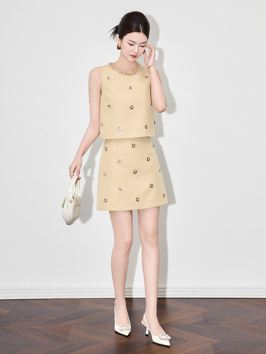 Summer New Style Studded Vest Top and High Waist A-line Skirt Suit for Women Elegant Temperament Twinset Suits for Ladies