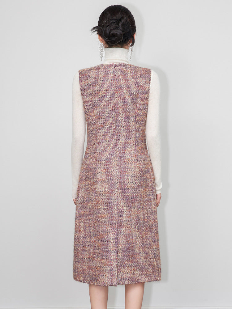 Elegant Thickened Wool Blend French Style Sleeveless Vest Dress V-Neck A- Line Midi Dress Pearl Embellished Commute Dress