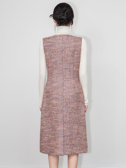 Elegant Thickened Wool Blend French Style Sleeveless Vest Dress V-Neck A- Line Midi Dress Pearl Embellished Commute Dress