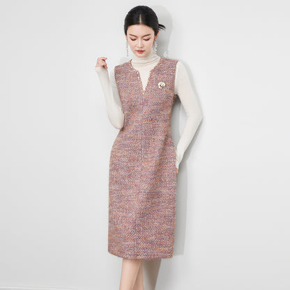 Elegant Thickened Wool Blend French Style Sleeveless Vest Dress V-Neck A- Line Midi Dress Pearl Embellished Commute Dress
