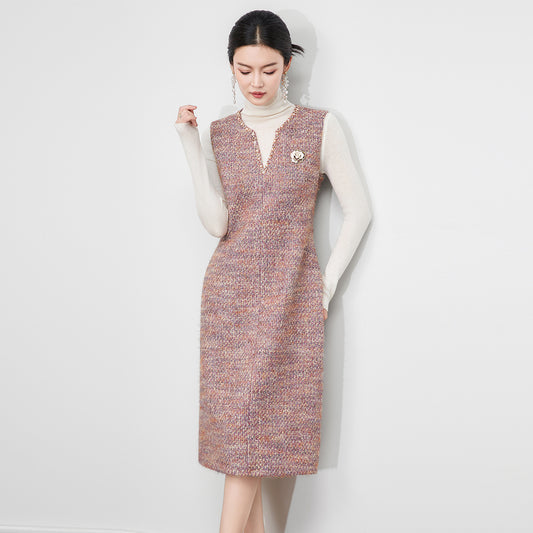 Elegant Thickened Wool Blend French Style Sleeveless Vest Dress V-Neck A- Line Midi Dress Pearl Embellished Commute Dress