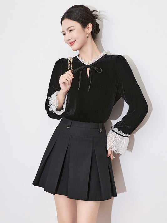 Retro Cute Sweet Black Velvet Tops New Year Women Preppy Style Date Girls Patchwork White Ruffles Button Shirt Blouse Vintage