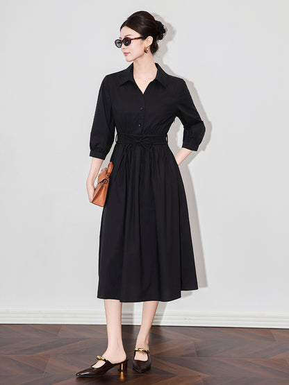 French Style Waist-Cinching Shirt Dress Stand Collar Elegant Women's New Style Mid-Length A- Line Skirt Polyester Fiber