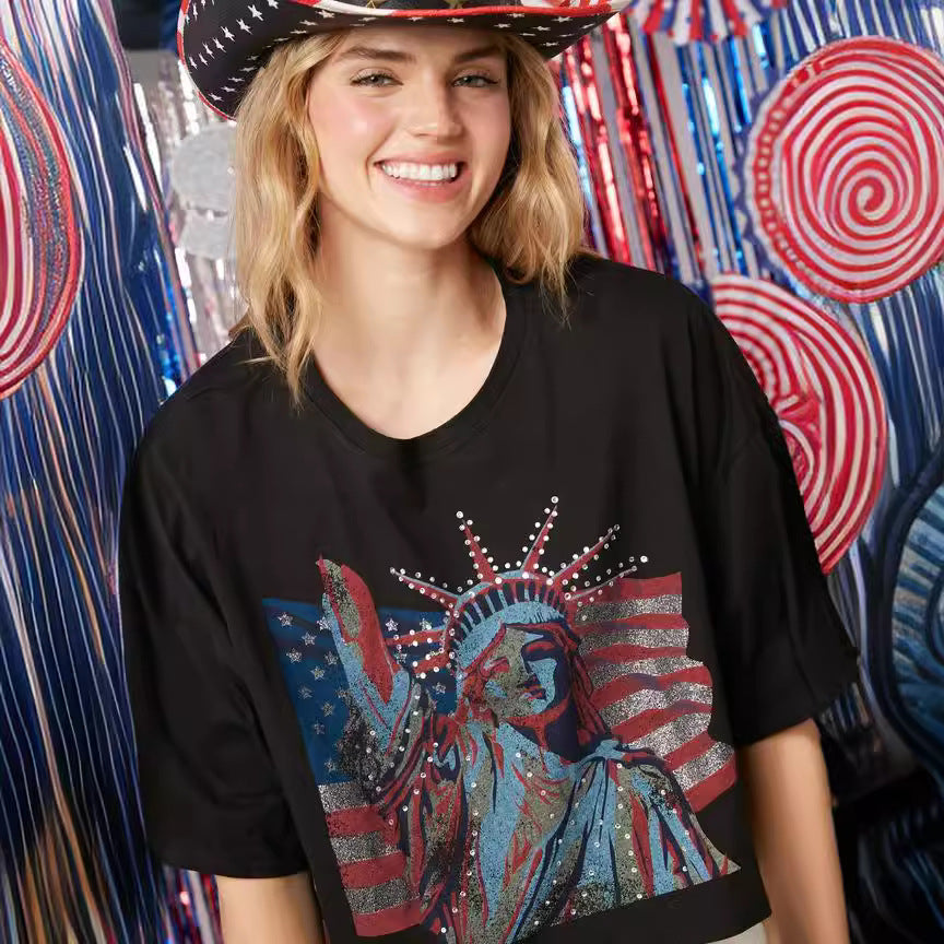 Statue of Liberty Hot Diamond Short-sleeved Independence Day Top Loose T-shirt