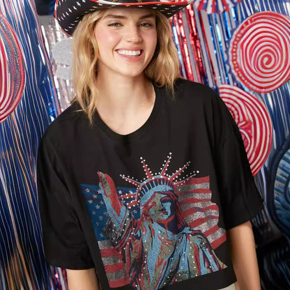 Statue of Liberty Hot Diamond Short-sleeved Independence Day Top Loose T-shirt