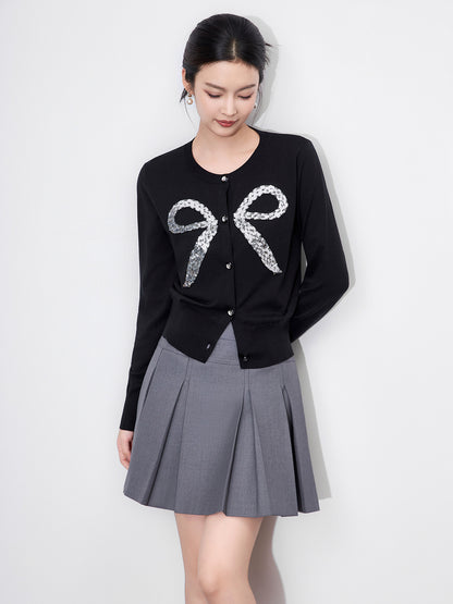 Vintage Style Knit Cardigan Top for Women Autumn New Heavy Beaded Sequin Bow Design Sweater Jacket Elegant Chic Outerwea