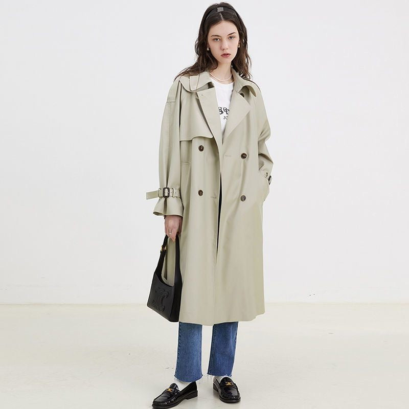 Double Breasted Loose Mid-length Trench Coat Solid Color Commute Fashion Elegant Women's Clothing