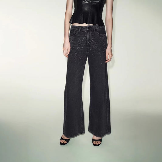 Glitter Loose Fit Straight-leg Denim Pants Casual Comfortable Style Mid-rise Leg Trousers Lady Popular Streetwears