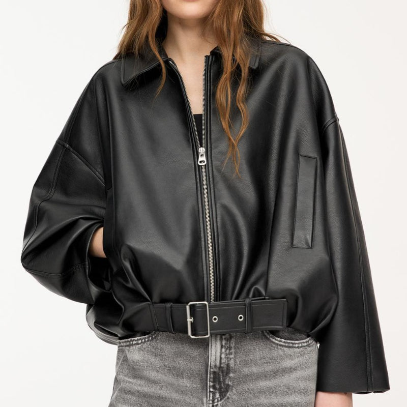 Leather Jackets Women Casual Long Sleeve Zippers Turn-down Collar Pocket Coats 2025 Autumn Winter Solid Outwears Lady