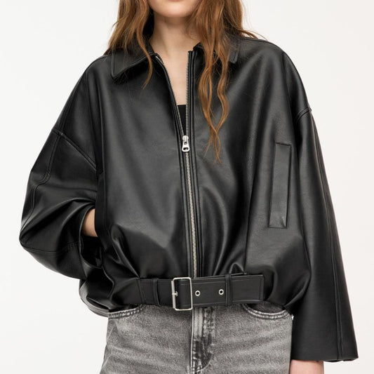 Leather Jackets Women Casual Long Sleeve Zippers Turn-down Collar Pocket Coats 2025 Autumn Winter Solid Outwears Lady