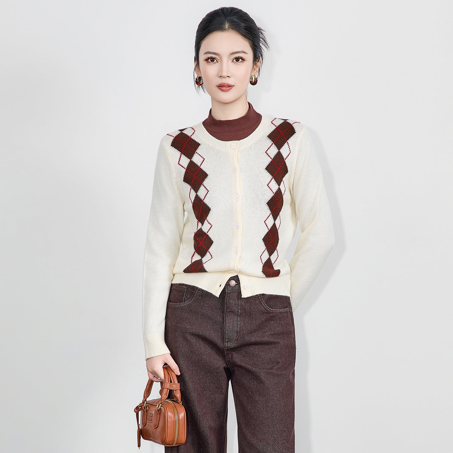 Ladies' Long Sleeve Knitted Sweater Diamond Pattern Lazy Style Cardigan Top Loose Fit Round Neck Knitted Fabric Autumn New Ar