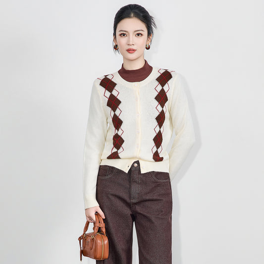 Ladies' Long Sleeve Knitted Sweater Diamond Pattern Lazy Style Cardigan Top Loose Fit Round Neck Knitted Fabric Autumn New Ar