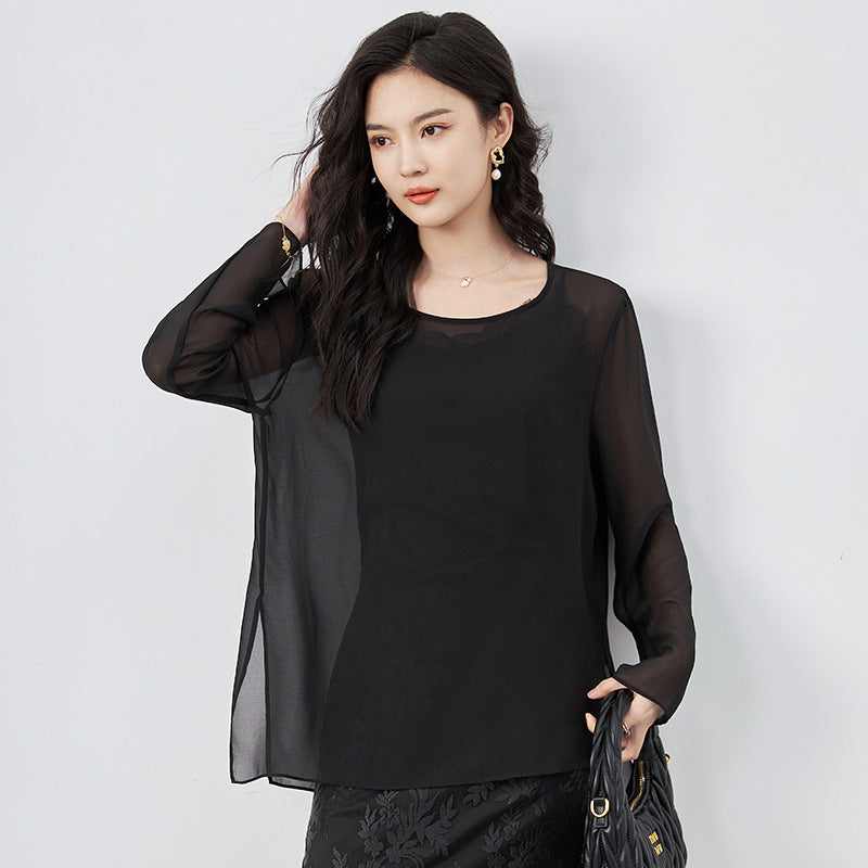 Silk Long Sleeve Round Neck T-Shirt Women's Micro Translucent Sexy Large Flower Cutout Spring 2025 Artistic Retro Style