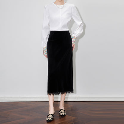 Elegant Velvet Lace Splicing Midi Skirt for Women Straight Cut Commute Style Autumn Winter New Arrival Half-length Skirt
