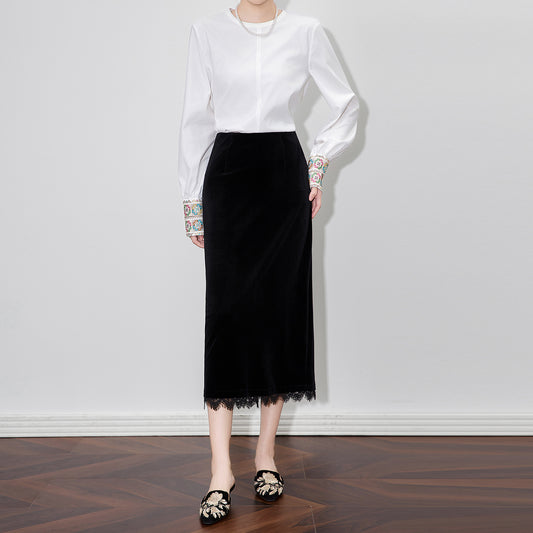 Elegant Velvet Lace Splicing Midi Skirt for Women Straight Cut Commute Style Autumn Winter New Arrival Half-length Skirt