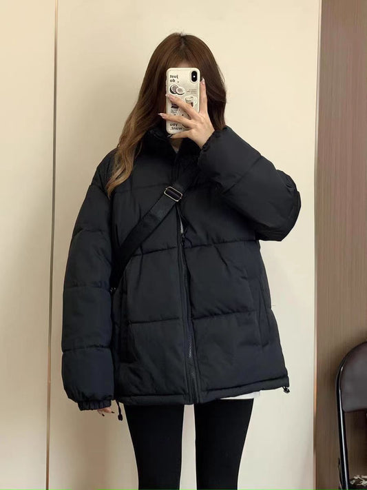 Women's Thickened Cotton Jacket Stand Collar Warm Bread Outerwear Pure Color Autumn Coat Korean Style Commute Fashion