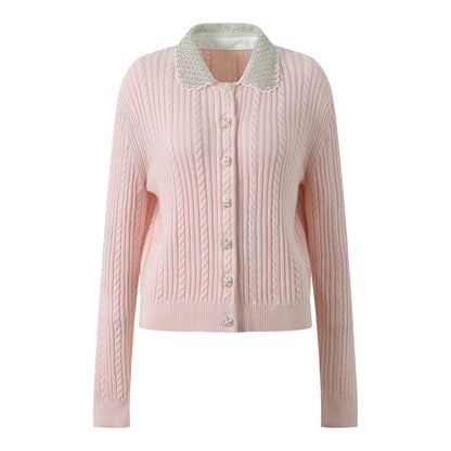Ele European Sle Knitted Cardigan Women's Long Sve Turn-down Collar Pearl Button Heavy Embroidery Faion Top