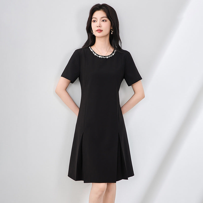 French Temperament Simple Commuter Dresses Diamond Round Neck Short Sleeve High Waist A-line Elegant Pleated Evening Dress