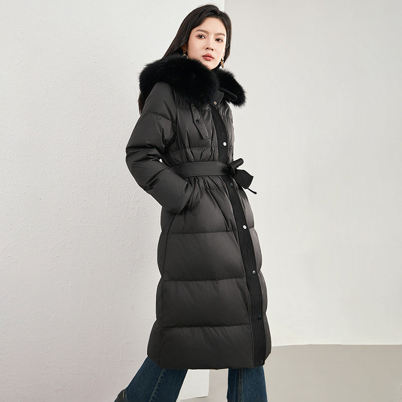 New Real Raccoon Fox Fur Collar Hooded Natural Long Winter Jacket Women 90 White Duck Down Coat Thick Warm Casual Outerwear