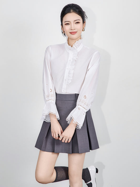 Woman Spring Autumn French Style Elegant Shirts Lady Fashion White Shirt Female Casual Long Sleeve Half High Collar Tops