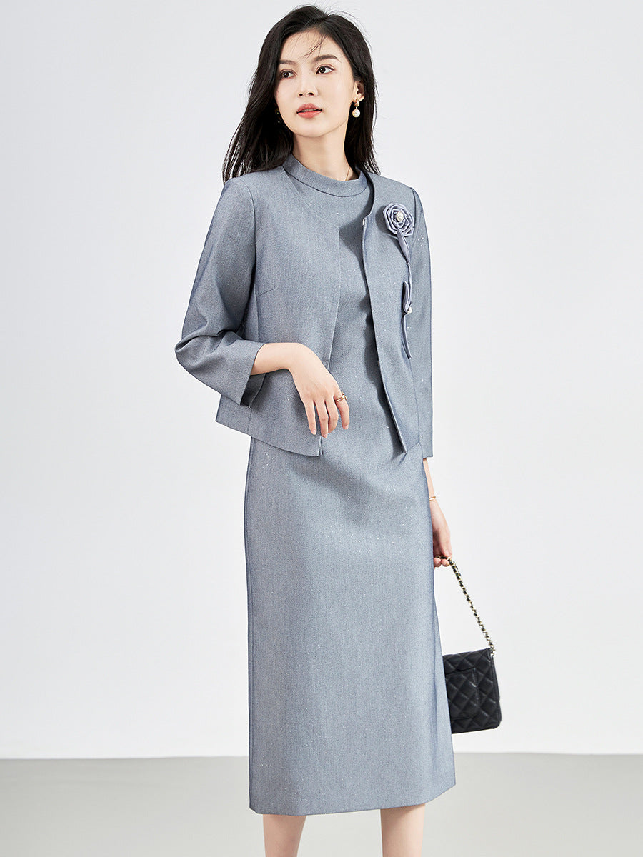 AutumnElegant Dresses for Women Designer Full Sleeve Short Jacket Top+Short Sleeve Dress 2 Piece Suit Yellow Vestidos